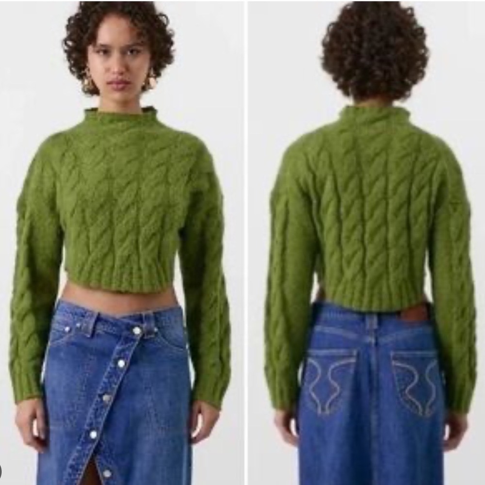 Cult Gaia x Gap Cable Knit Cropped Sweater Green Alpaca Blend Fuzzy Mock Neck M